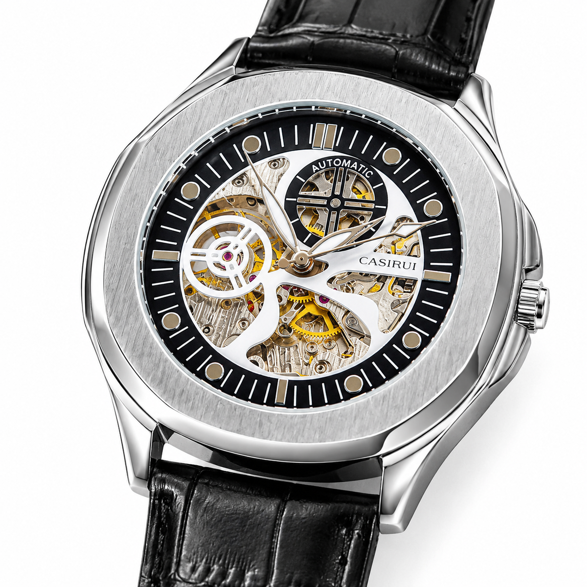 Casirui Black Silver Automatic Skeleton Leather watch