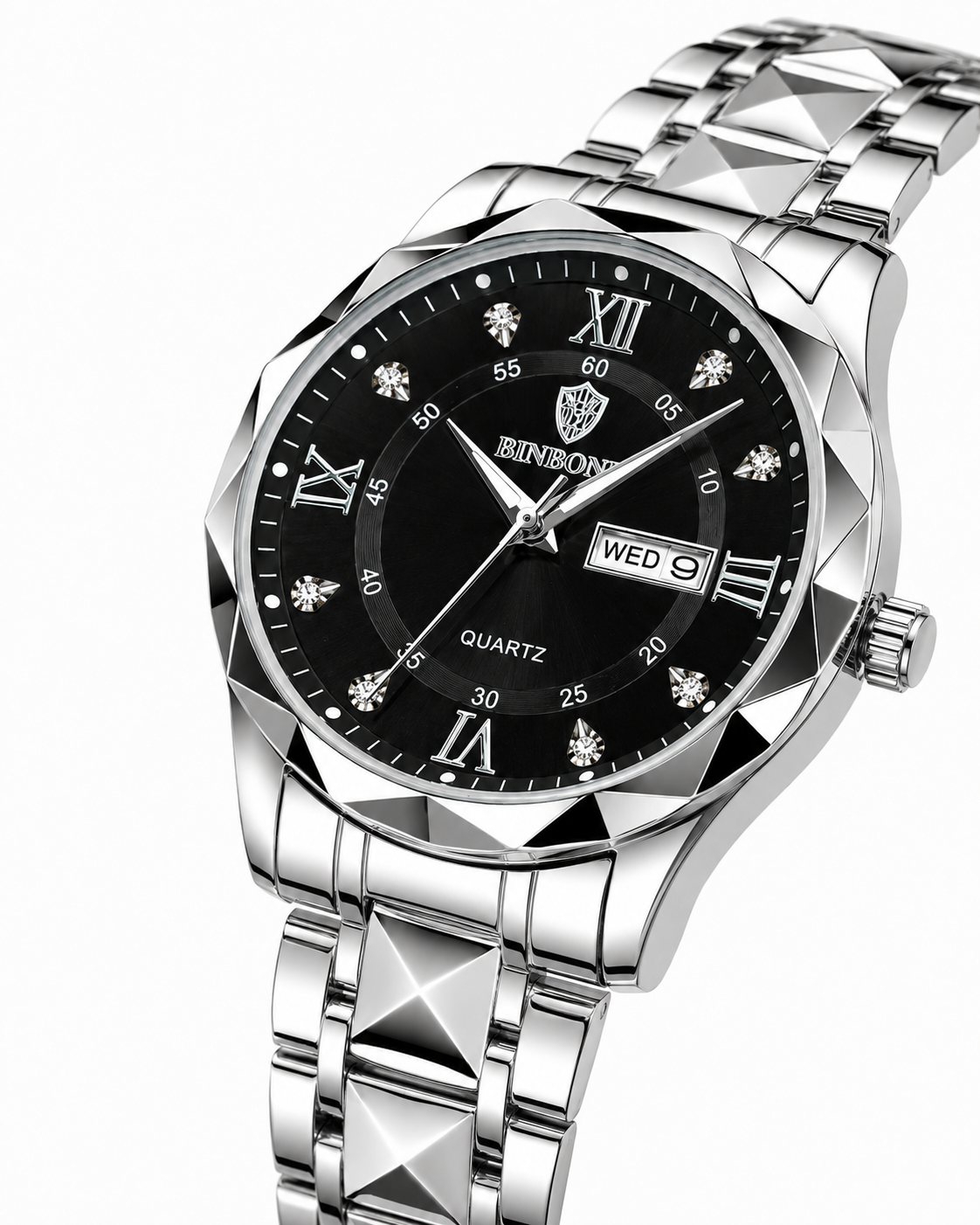 Silver Black Binbond Diamond Dial Watch