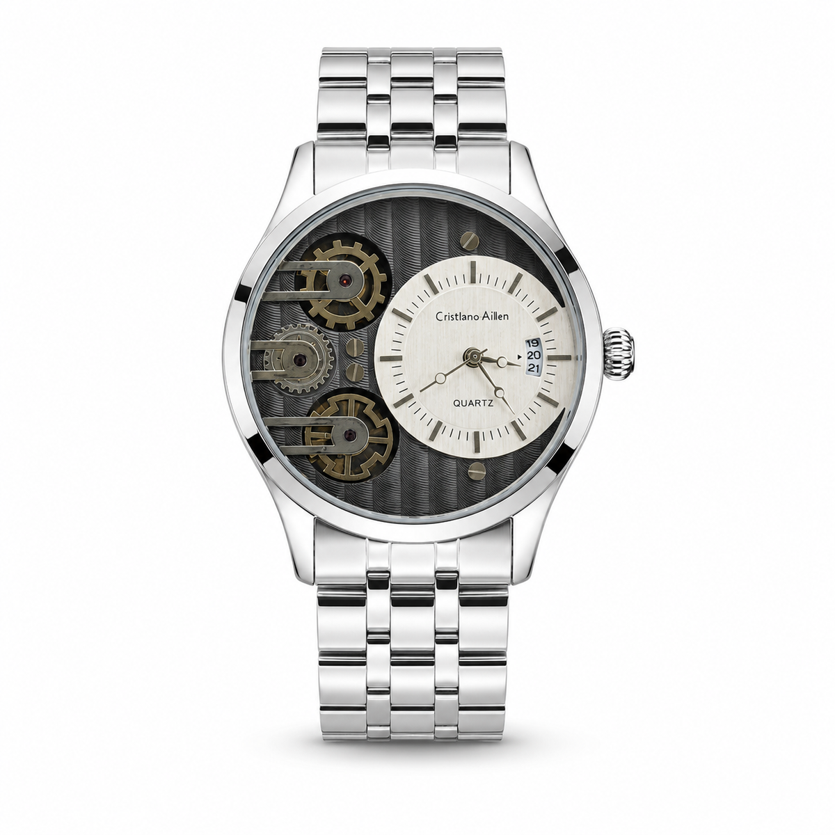 Silver Cristiano Aillen Black White Dial Dual Gear Watch