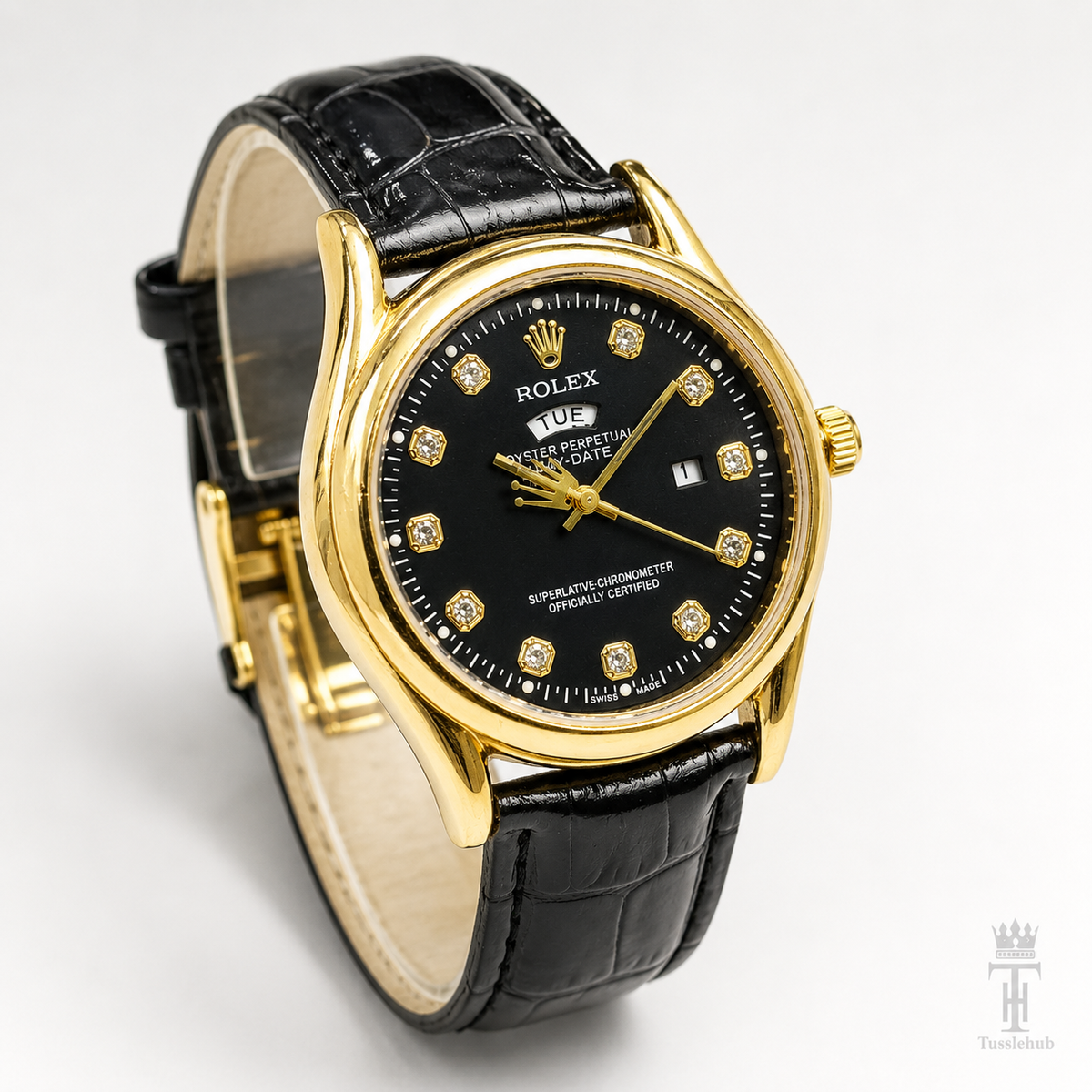 Black Gold Black Round Leather Rolex Watch