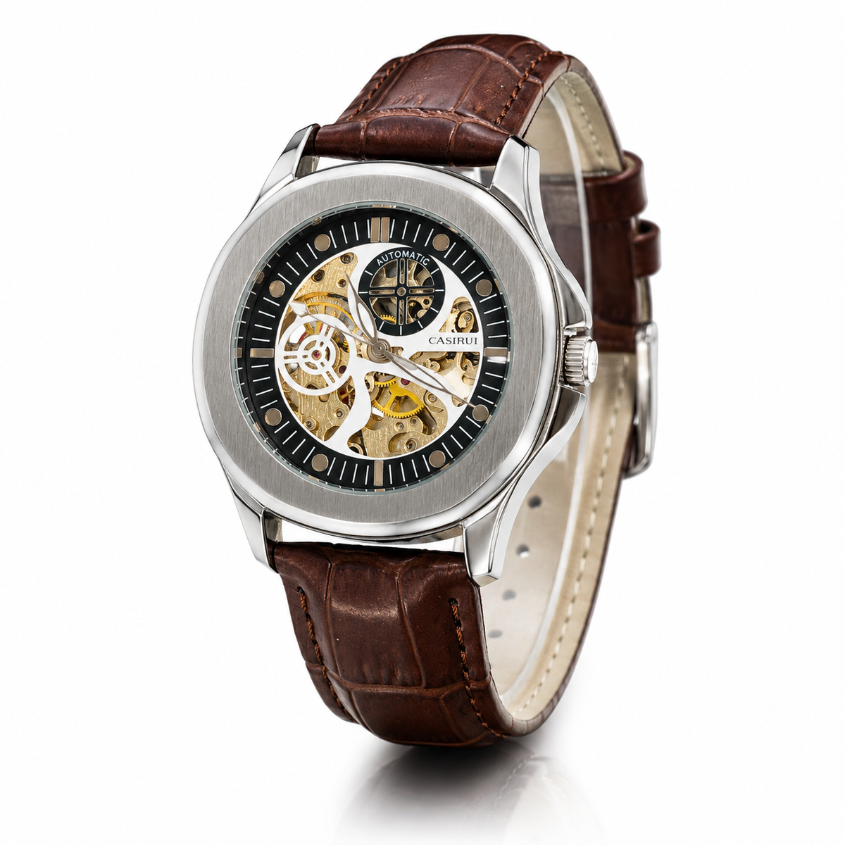 Casirui Brown Silver Automatic Skeleton Leather watch