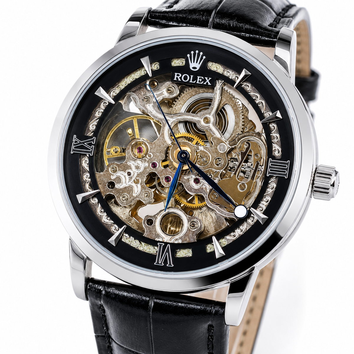 Leather Rol*x Black Silver Automatic Skeleton Watch