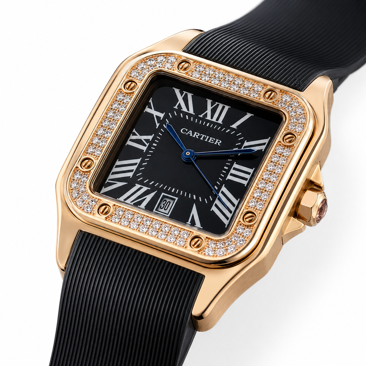 Rosegold Black Iced Tank Silicon Cartier Watch