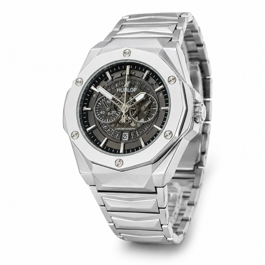 Silver Prism Chain Strapped Black Hologram Dial Hublot Watch