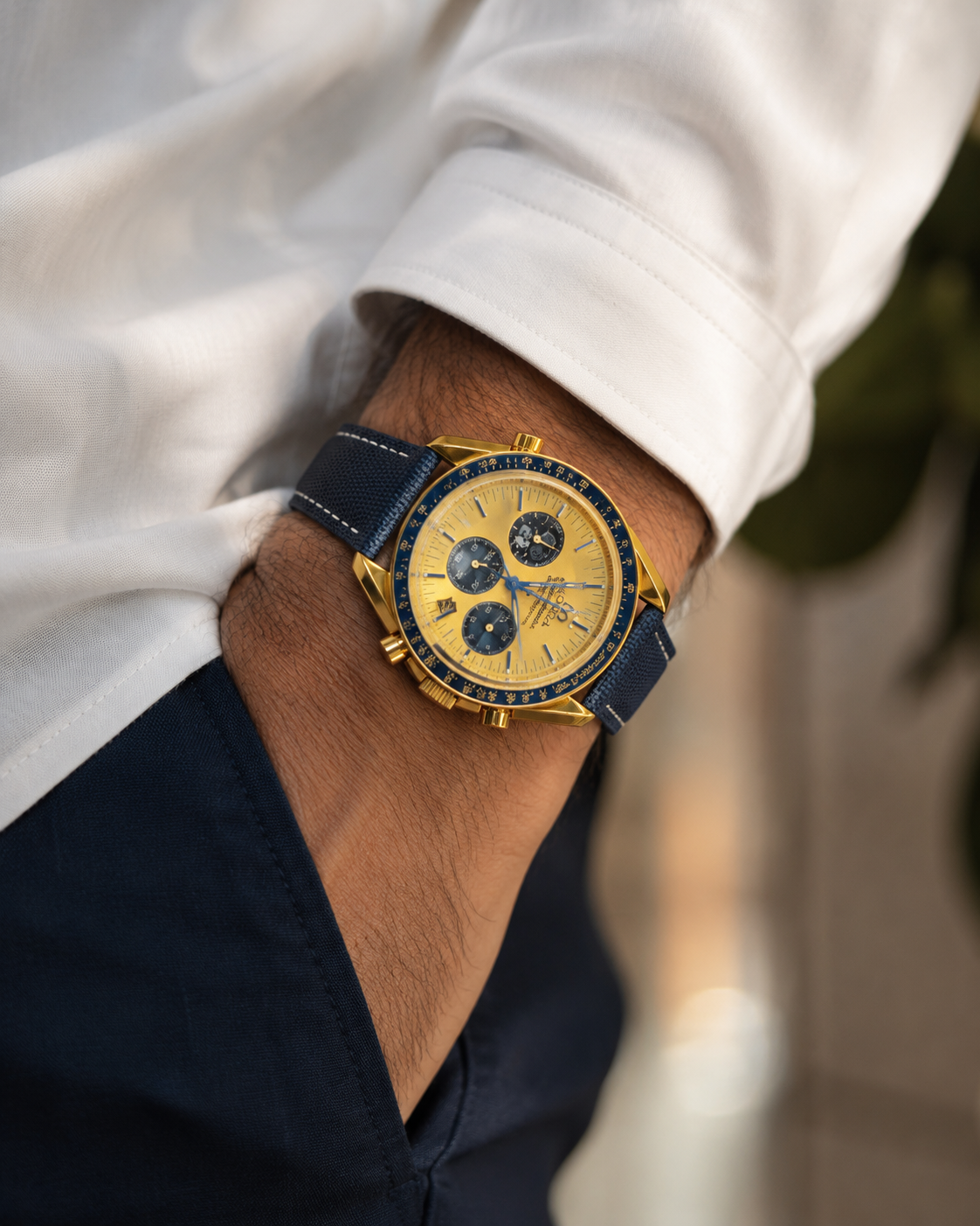 Omega 50th Anniversary Blue Gold Chronograph Watch