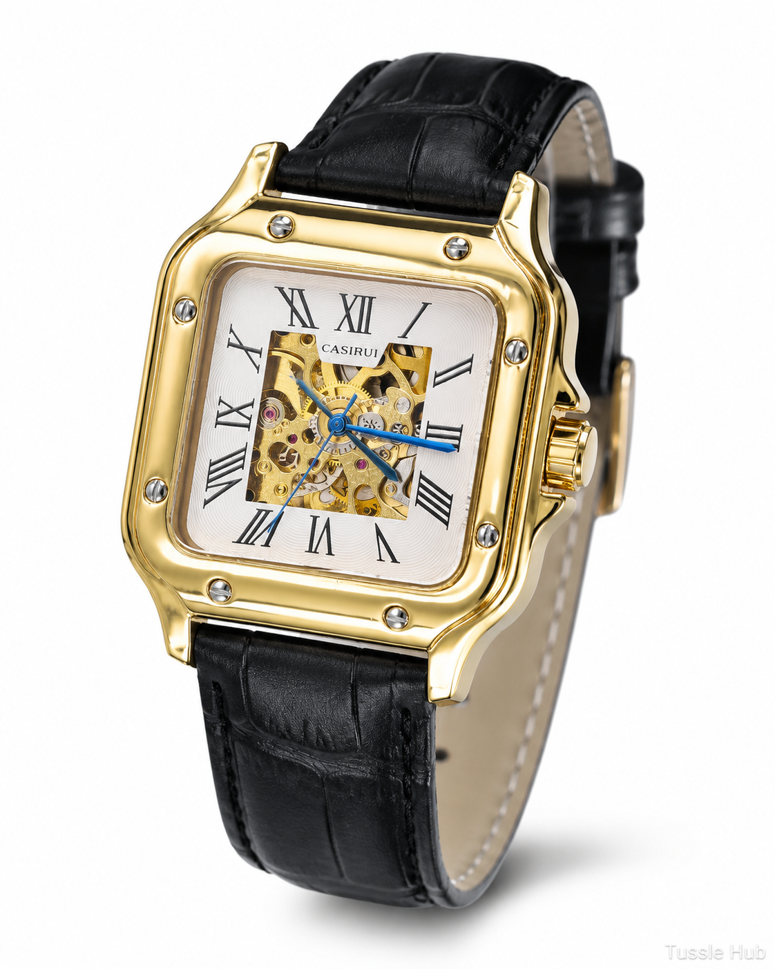 Black Gold White Tank Automatic Skeleton Watch