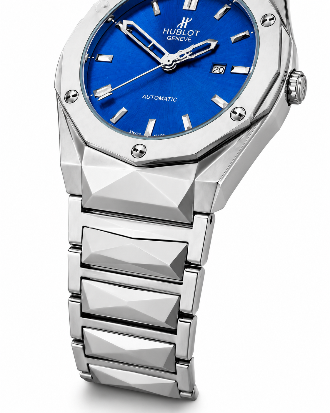 Silver Prism Chain Strapped Sapphire Dial Hublot Watch