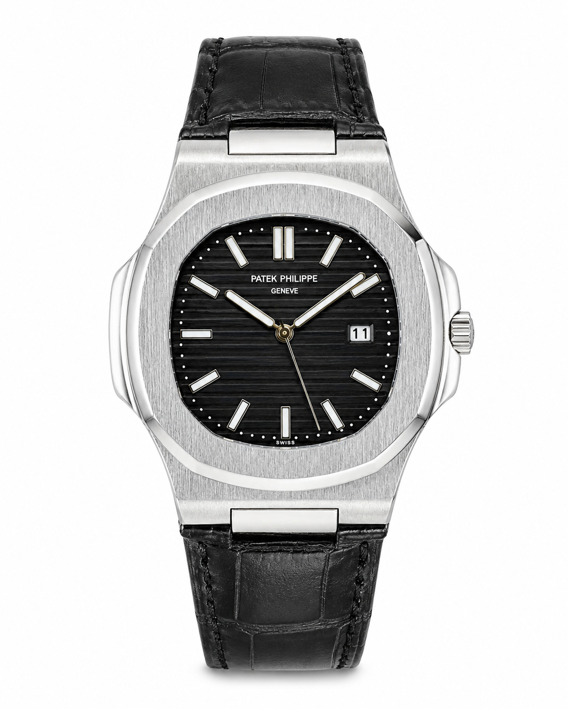 Black Leather Silver Black Dial Nautilus Watch
