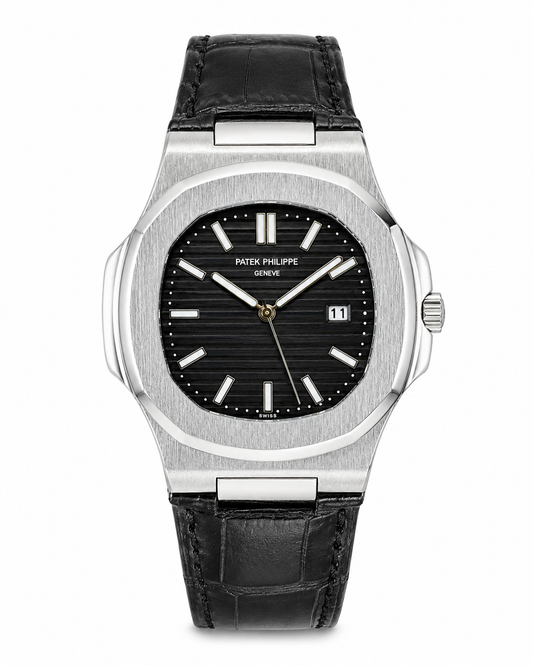 Black Leather Silver Black Dial Nautilus Watch