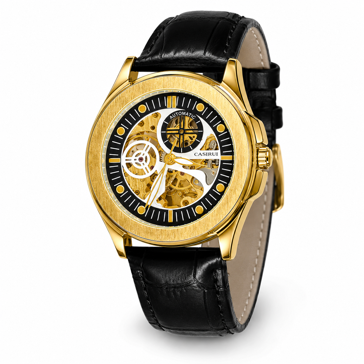 Casirui Black Gold Automatic Skeleton Leather watch