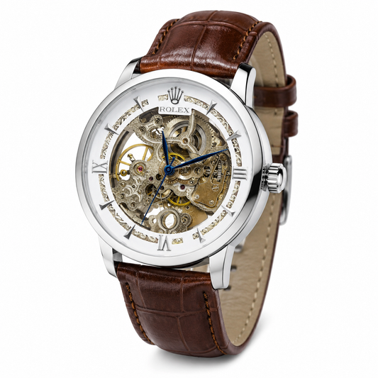 Leather Rol*x Brown White Automatic Skeleton Watch
