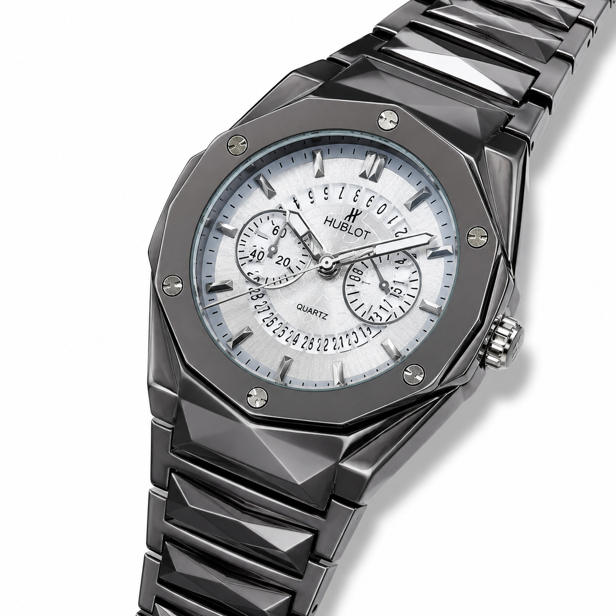 Black Prism Chain Strapped Silver Hologram Dial Hublot Watch