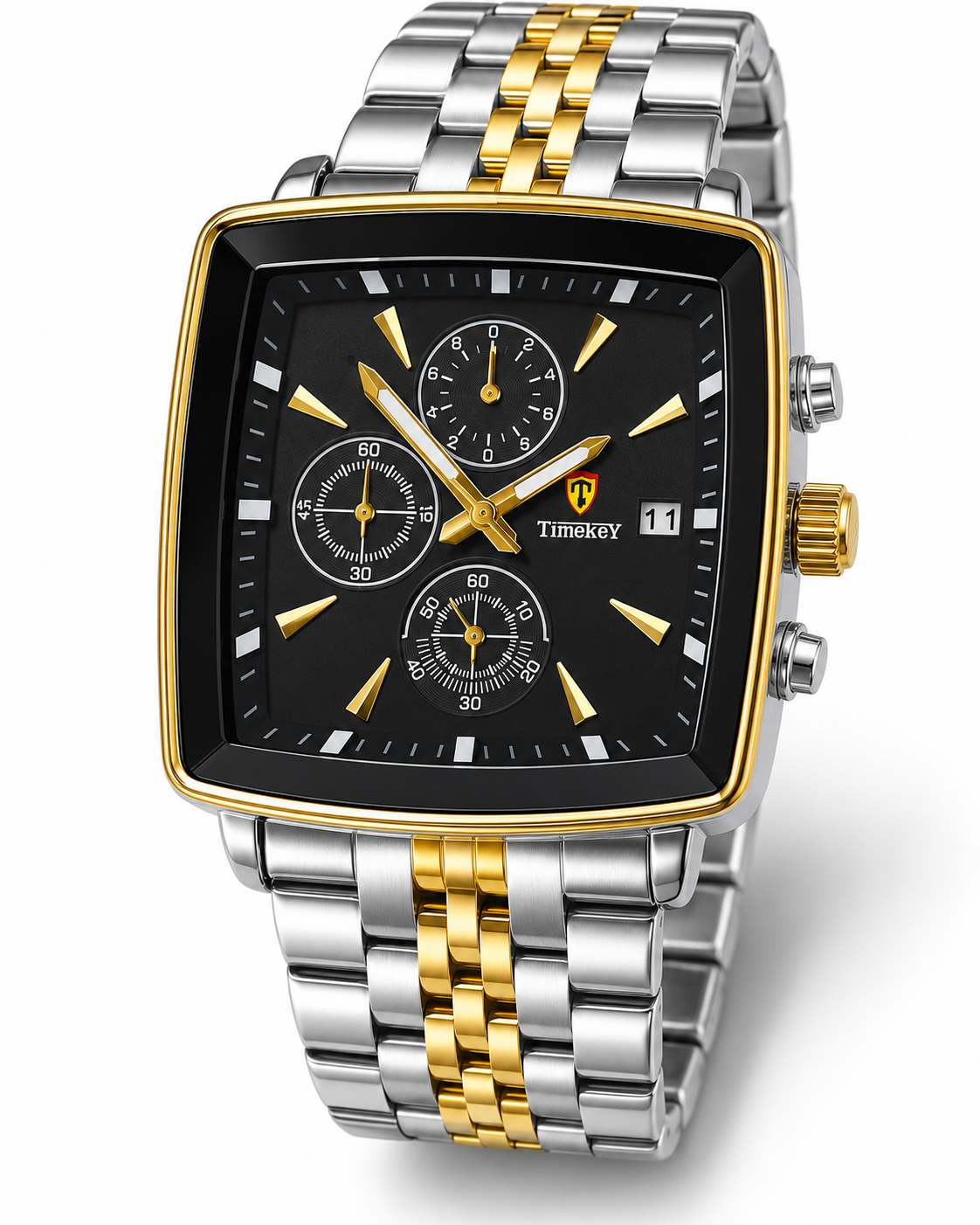 Timekey Two Tone Black Square Chain Chronograph Watch