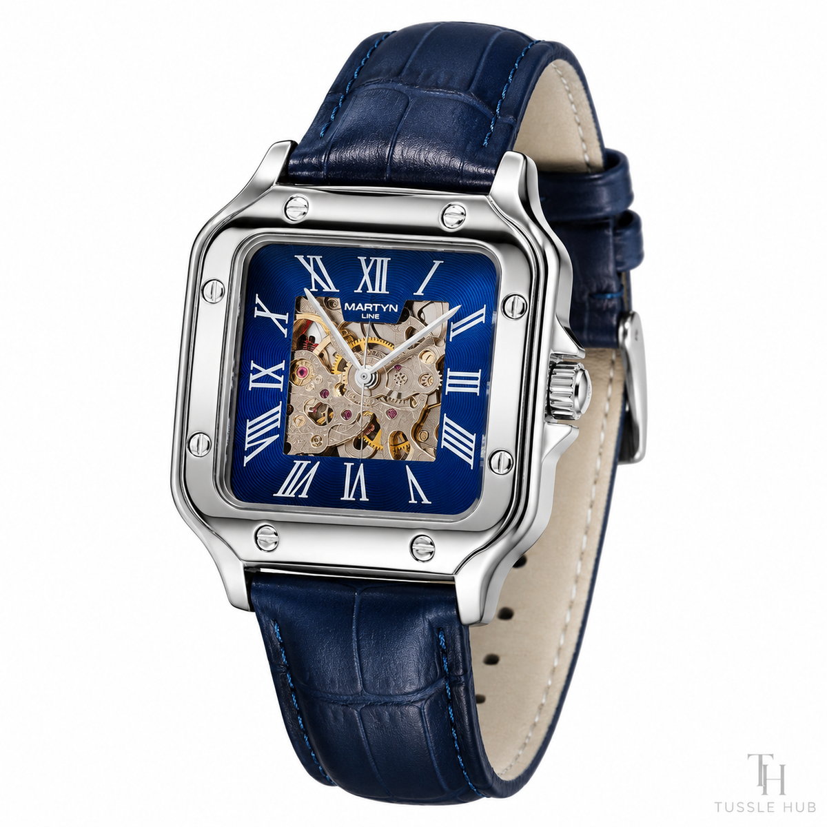 Blue Silver Tank Automatic Skeleton Watch
