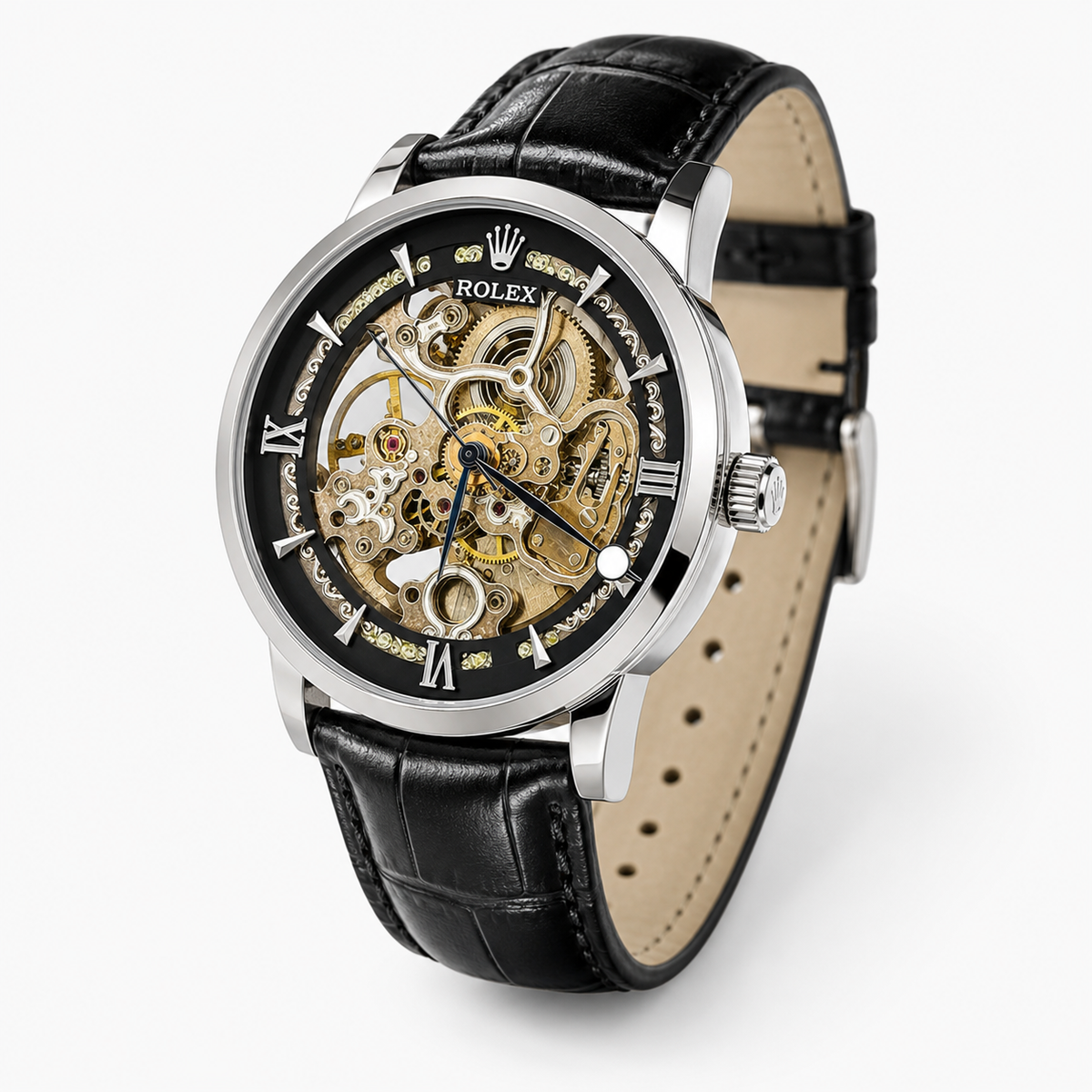 Leather Rol*x Black Silver Automatic Skeleton Watch