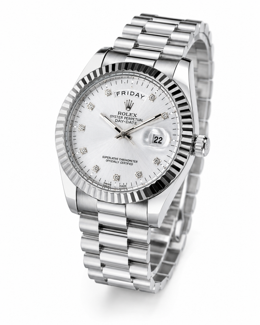 Premium Day Date Rolex Silver White Dial Watch