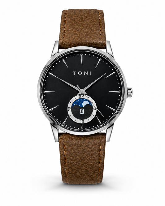 Tomi Brown Silver Leather Magnetic Strap Watch