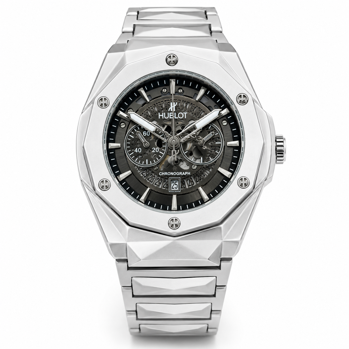 Silver Prism Chain Strapped Black Hologram Dial Hublot Watch