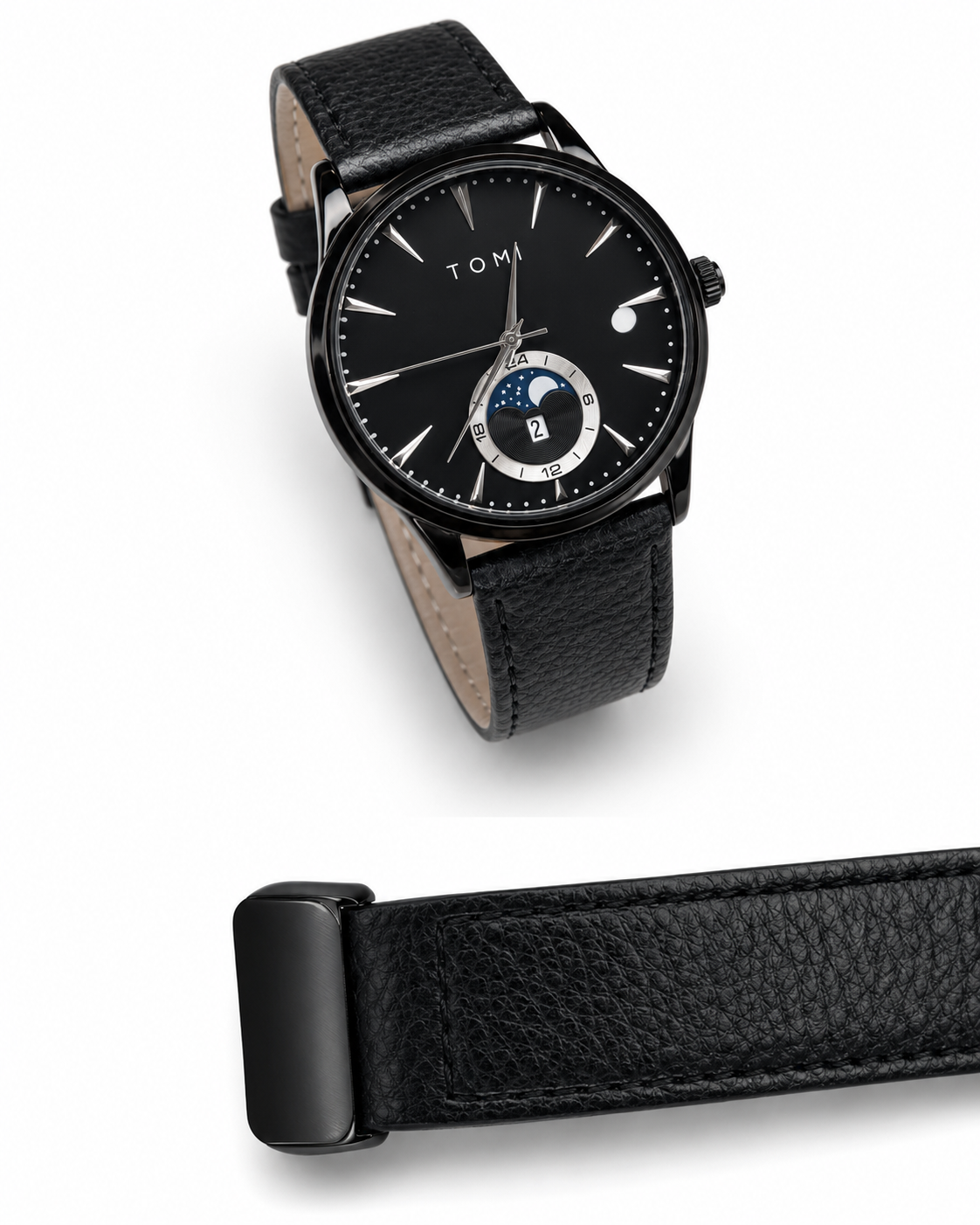 Tomi All Black Leather Magnetic Strap Watch