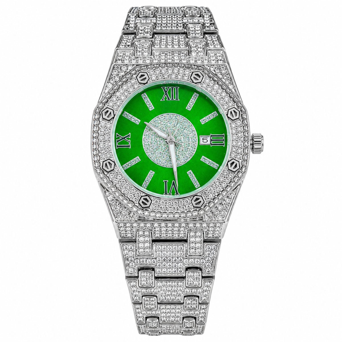 Silver Emerald AP Iced Out Watch