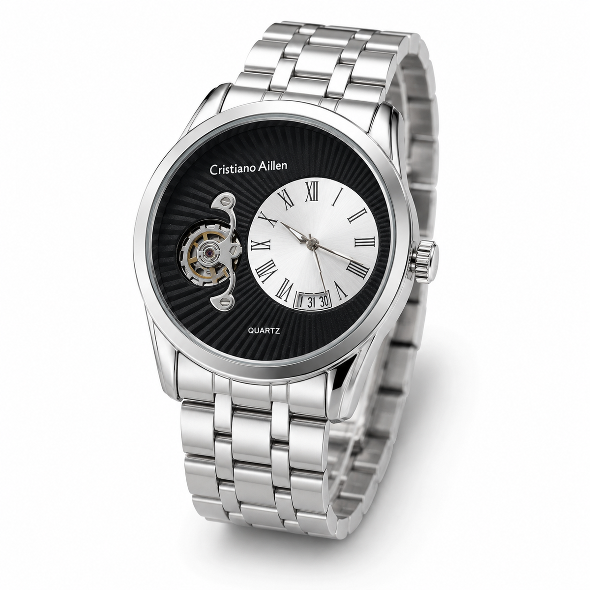 Silver Cristiano Aillen Black Spiral Gear Dial Watch