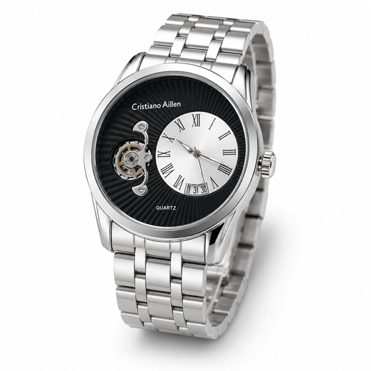 Silver Cristiano Aillen Black Spiral Gear Dial Watch