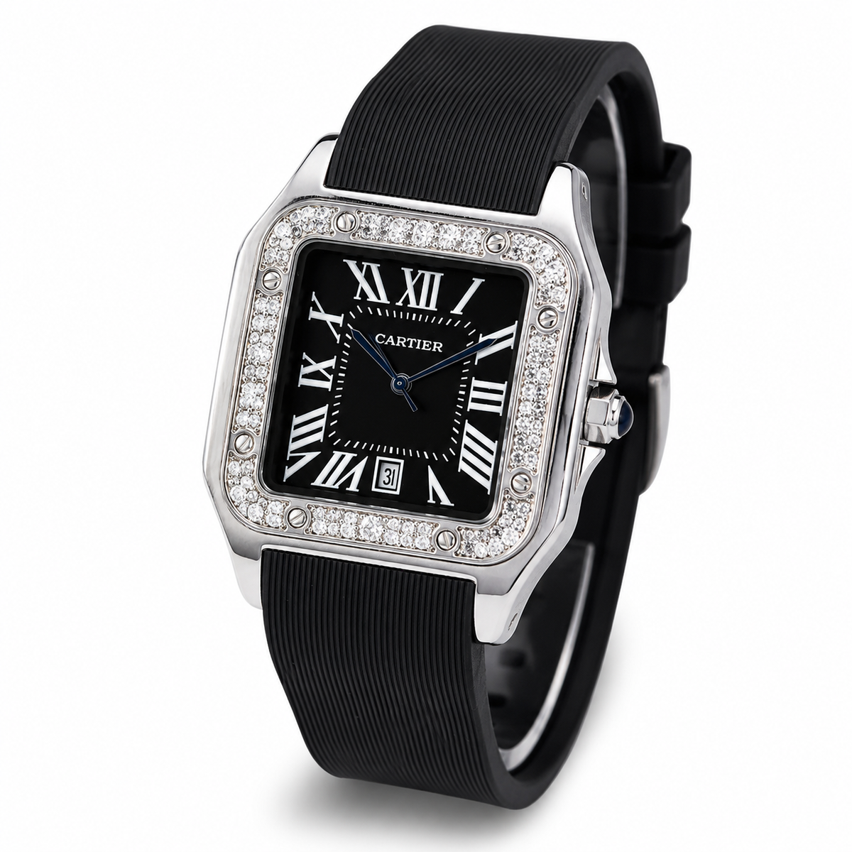 Silver Black Iced Tank Silicon Cartier Watch