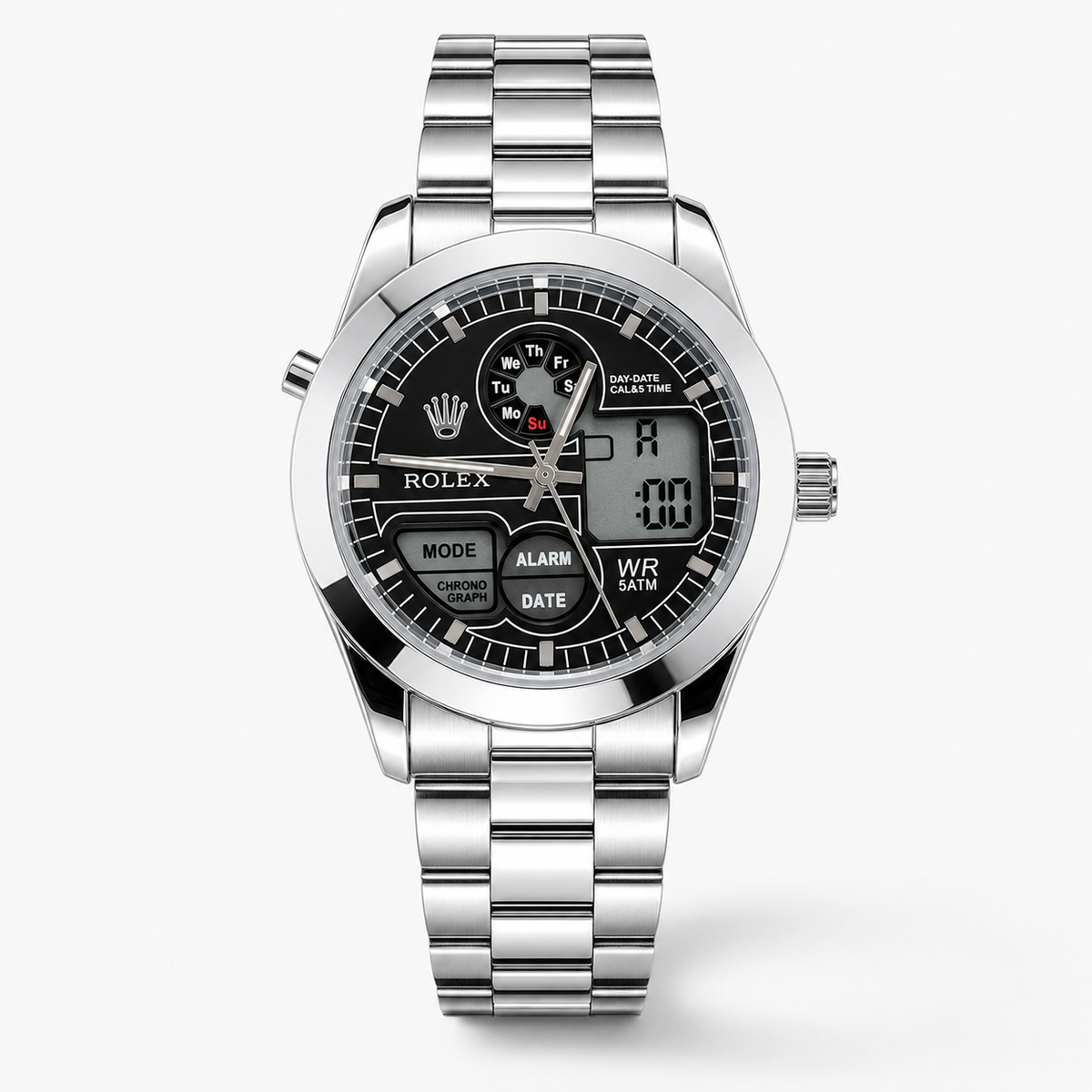 Premium Dual Time Silver Black Dial Watch