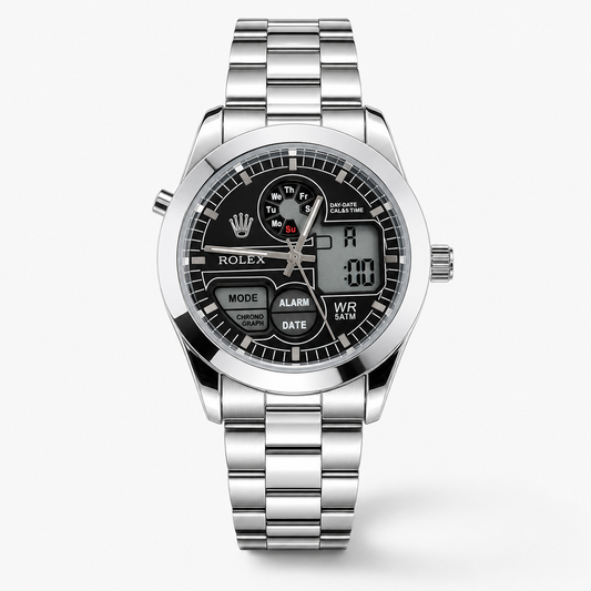 Premium Dual Time Silver Black Dial Watch