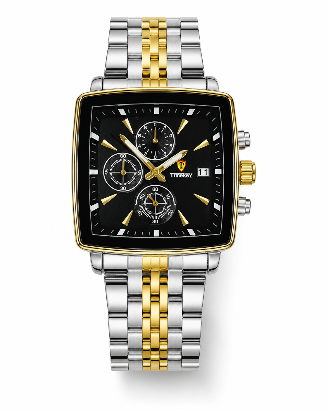 Timekey Two Tone Black Square Chain Chronograph Watch