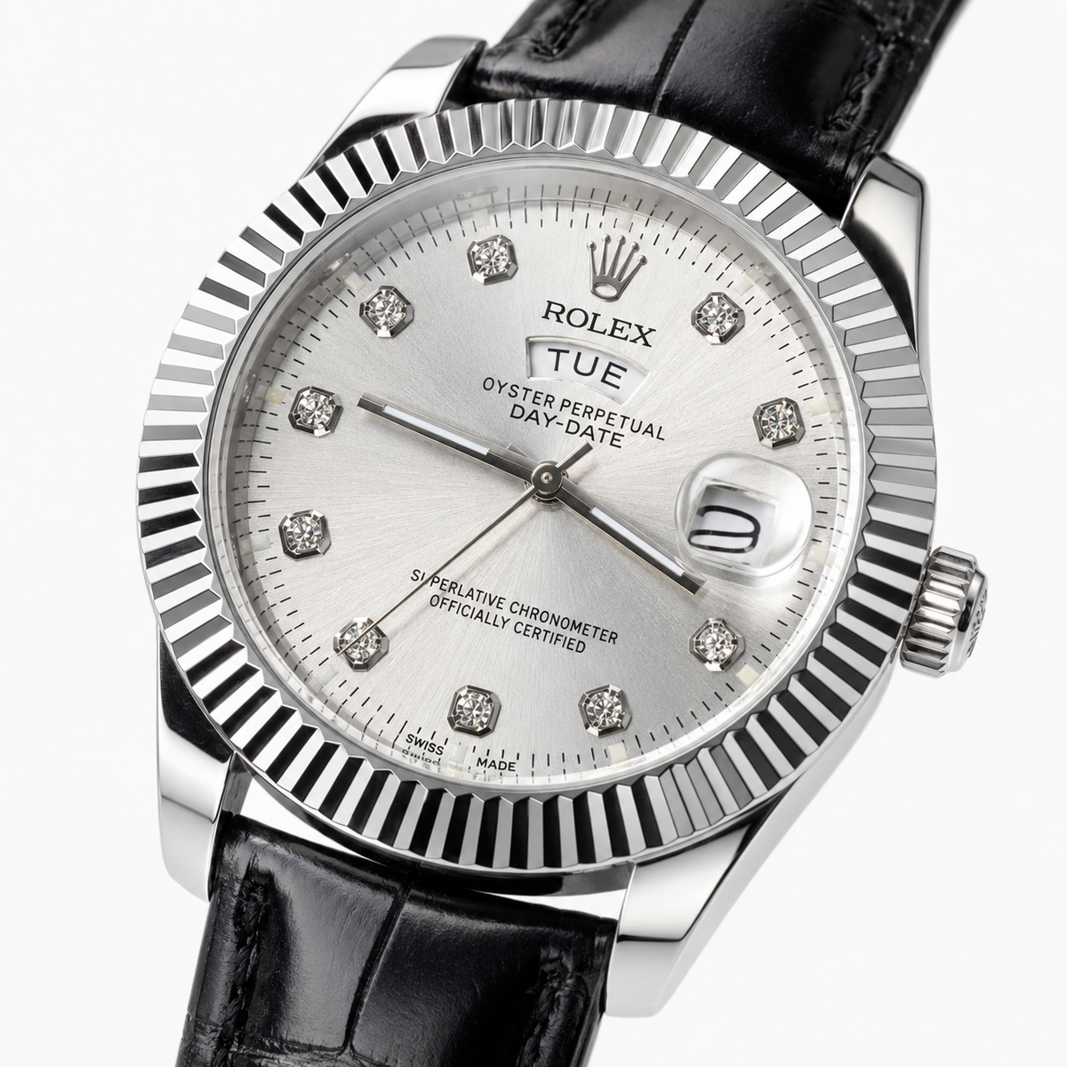 Black Silver White Day Date Leather Rolex Watch