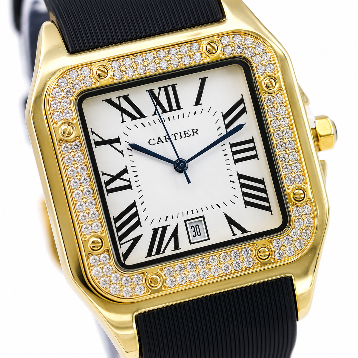 Gold White Iced Tank Silicon Cartier Watch