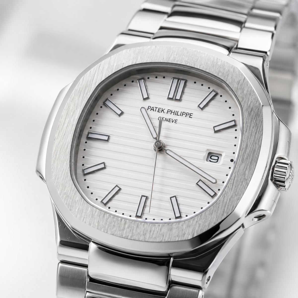 Silver Nautilus White Dial Watch