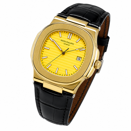 PP Black Leather Strapped Gold Nautilus Watch