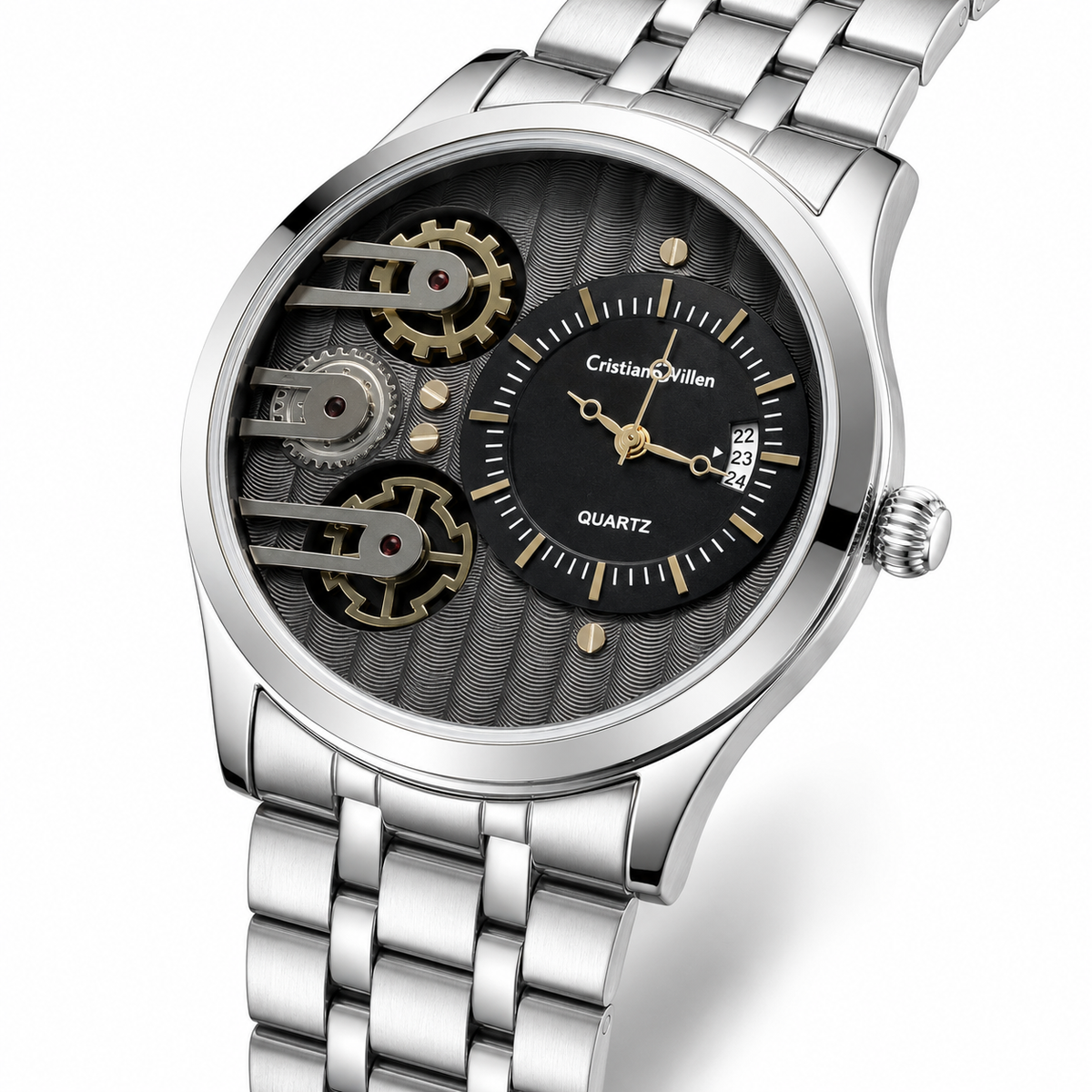 Silver Cristiano Aillen Black Dial Dual Gear Watch