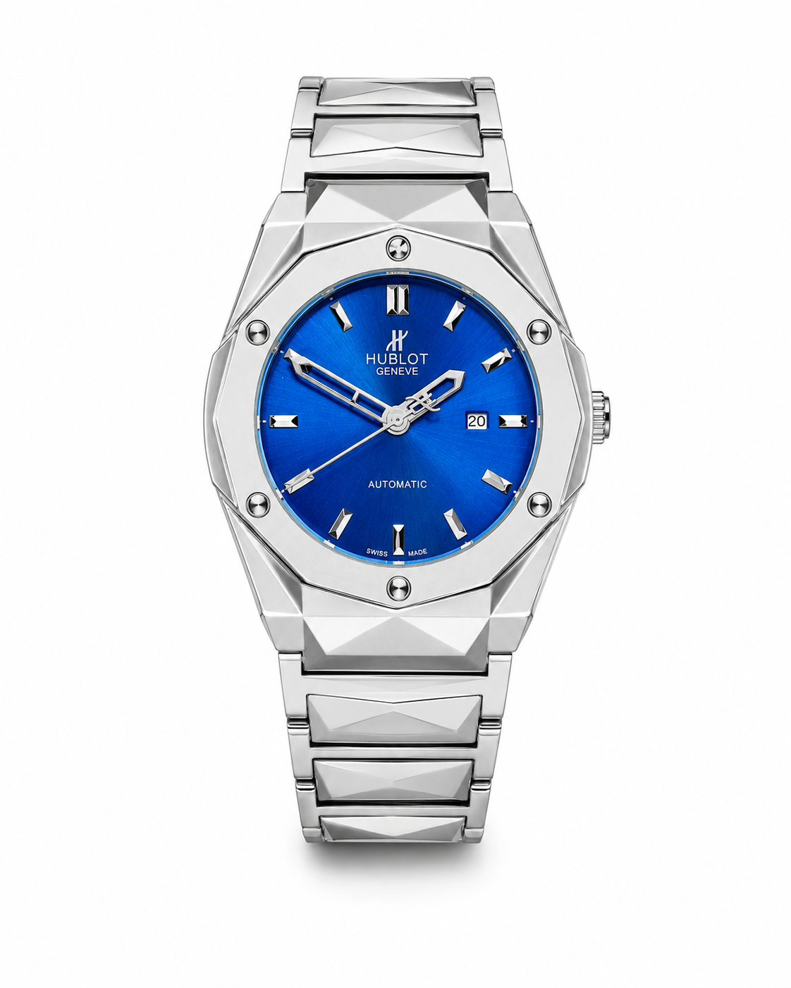 Silver Prism Chain Strapped Sapphire Dial Hublot Watch