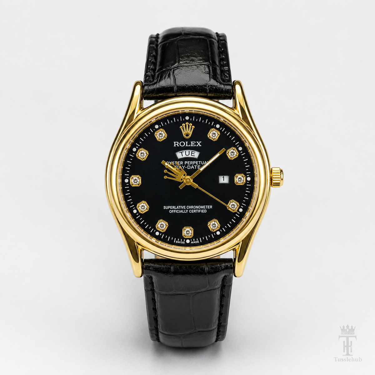 Black Gold Black Round Leather Rolex Watch