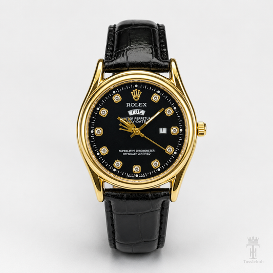 Black Gold Black Round Leather Rolex Watch