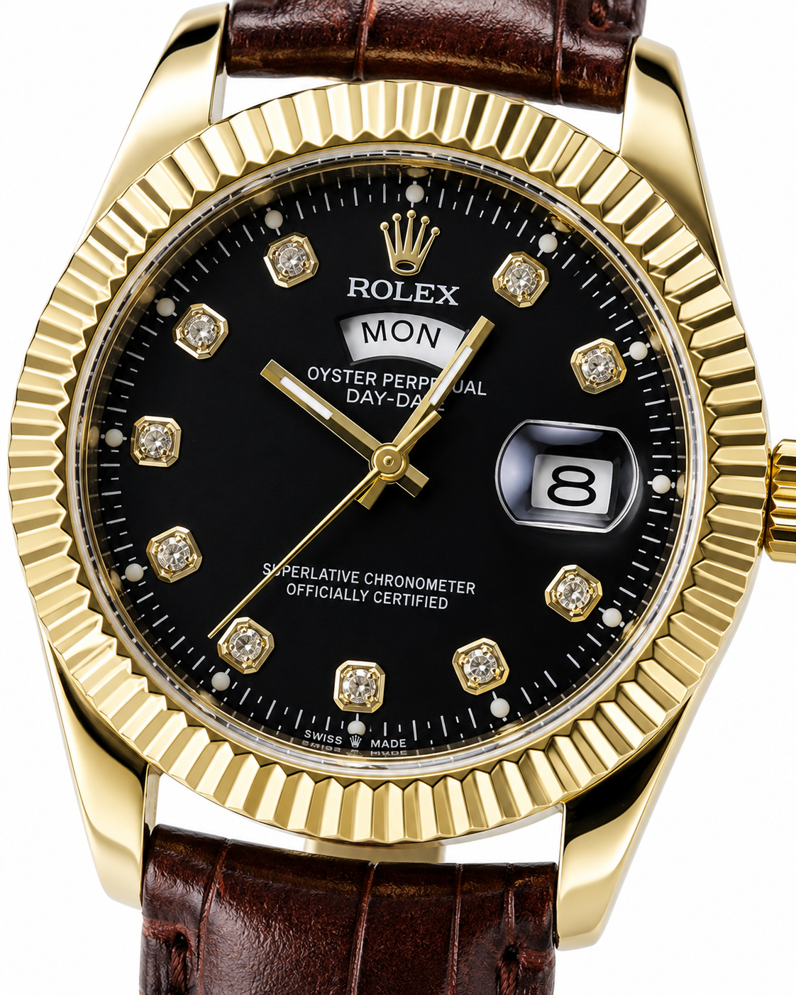 Brown Gold Black Day Date Leather Rolex Watch