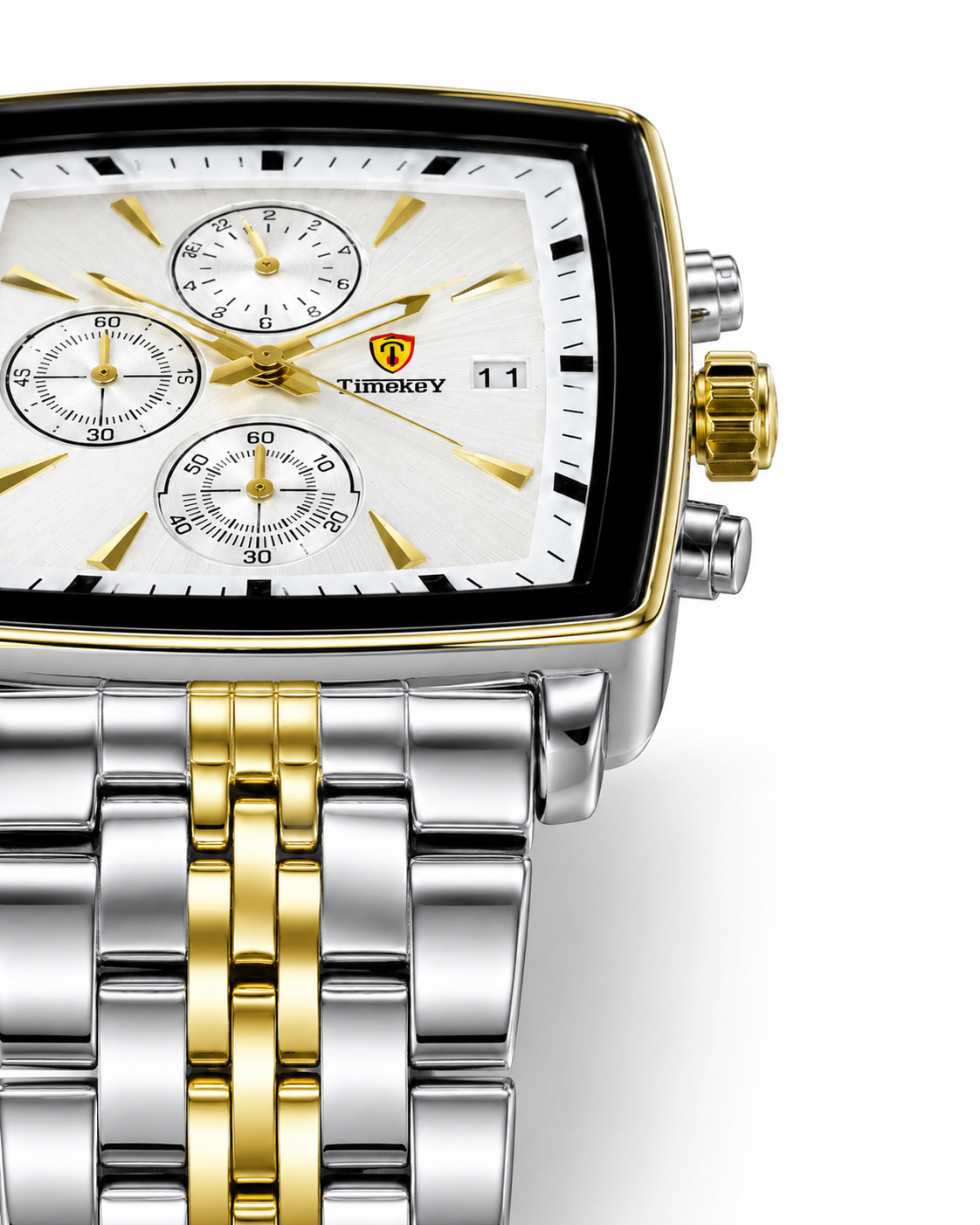 Timekey Two Tone White Square Chain Chronograph Watch