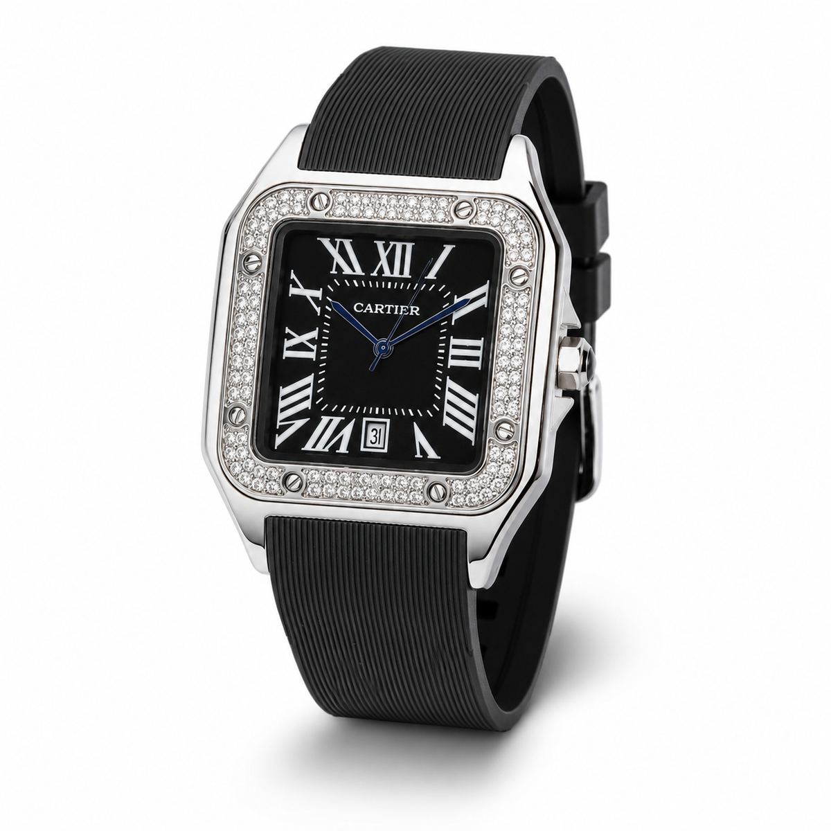 Silver Black Iced Tank Silicon Cartier Watch