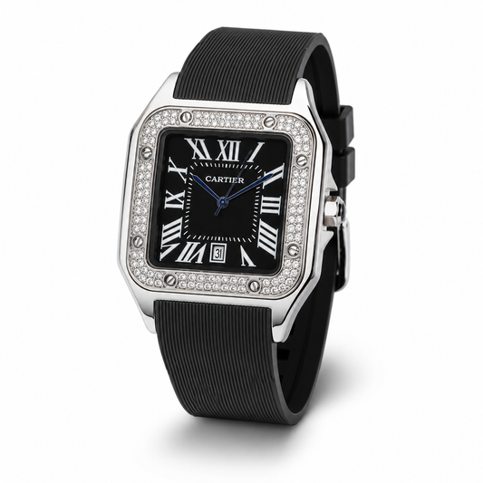 Silver Black Iced Tank Silicon Cartier Watch