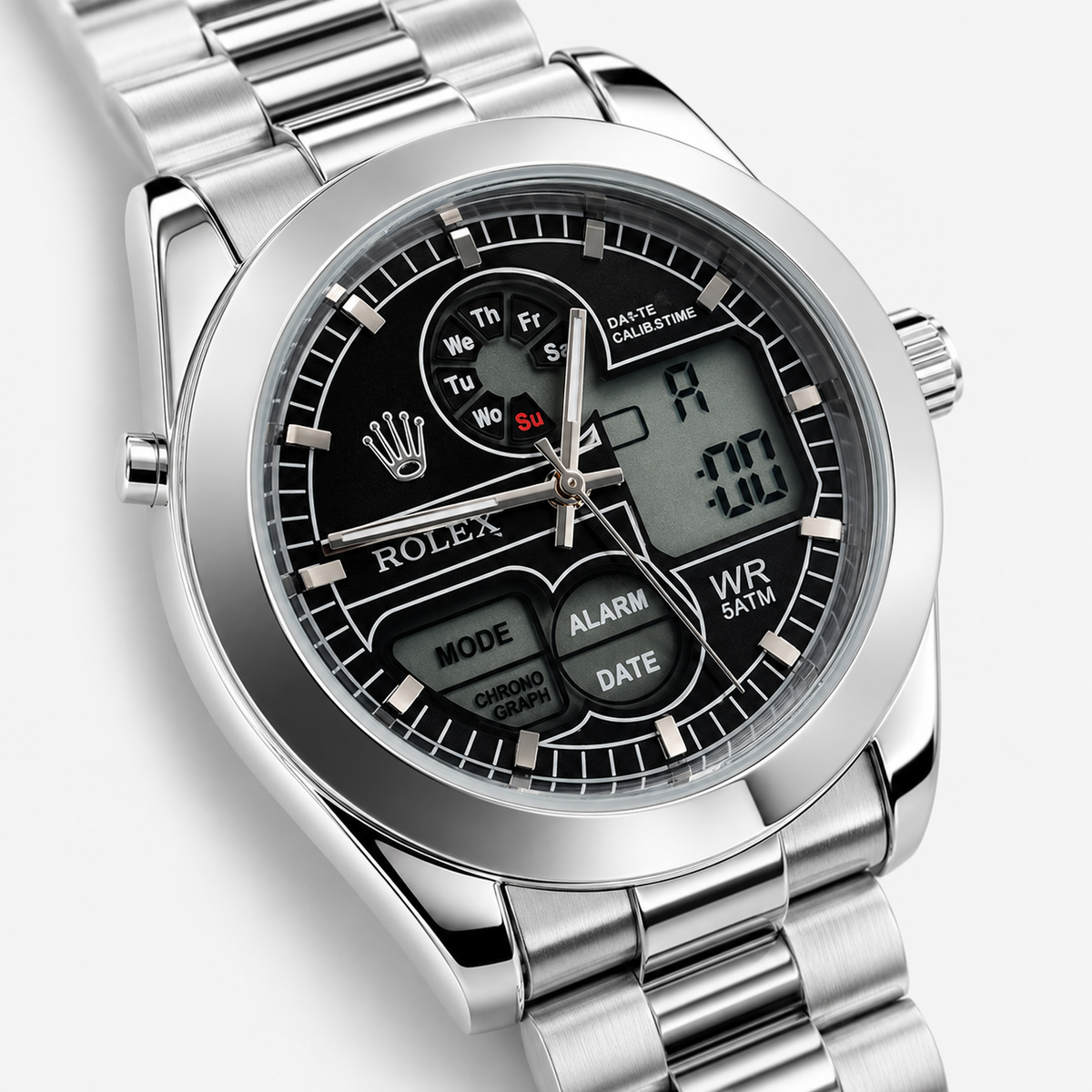 Premium Dual Time Silver Black Dial Watch