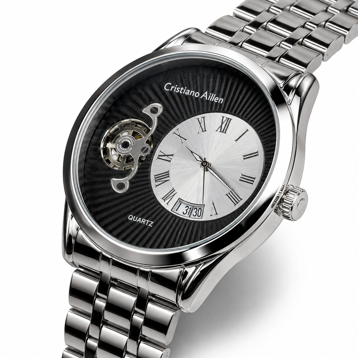 Silver Cristiano Aillen Black Spiral Gear Dial Watch
