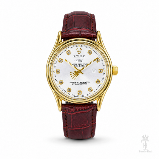 Brown Gold White Round Leather Rolex Watch