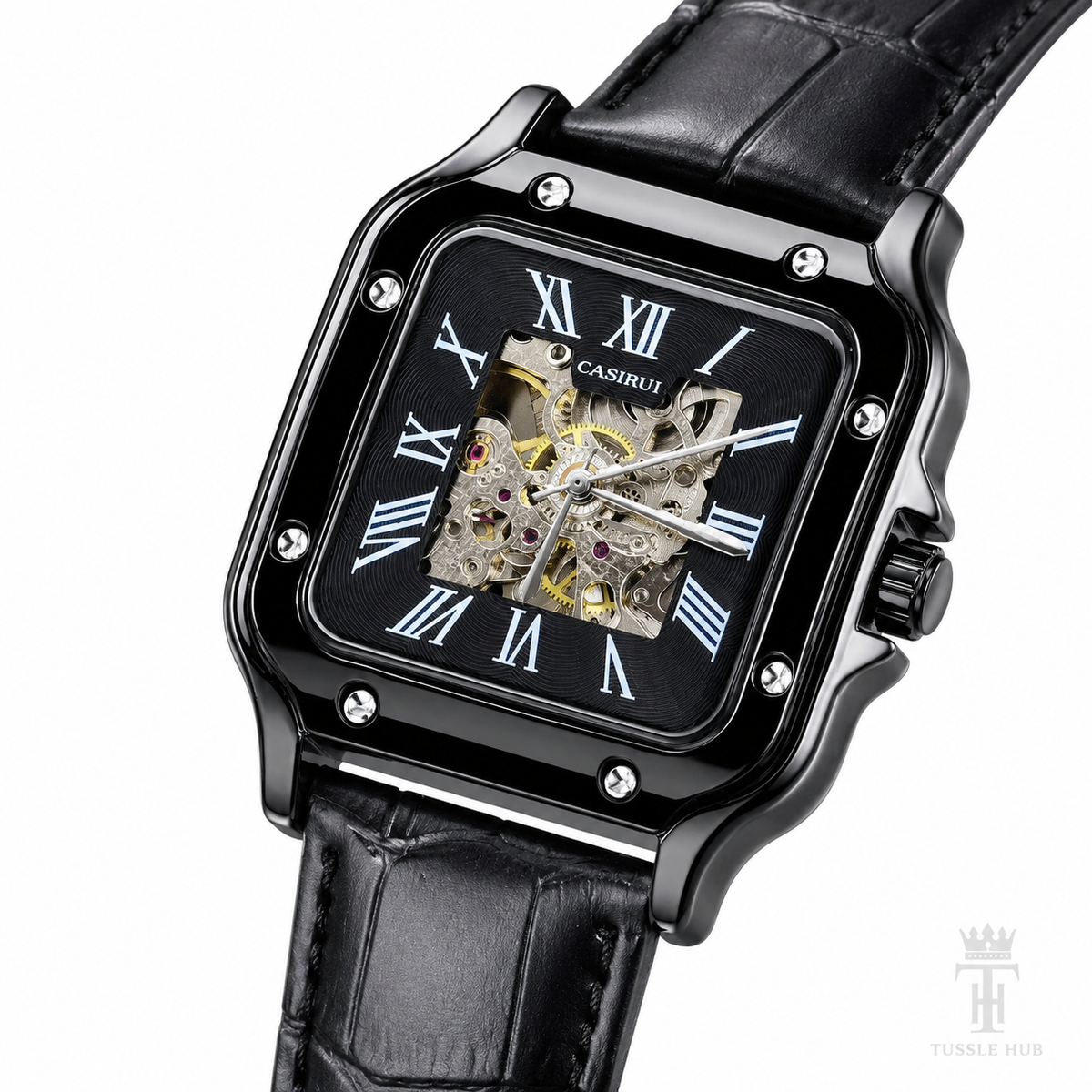 All Black Tank Automatic Skeleton Watch