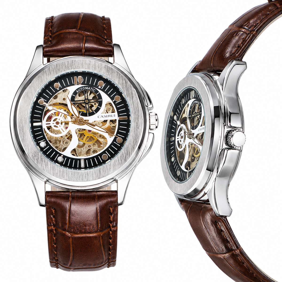 Casirui Brown Silver Automatic Skeleton Leather watch