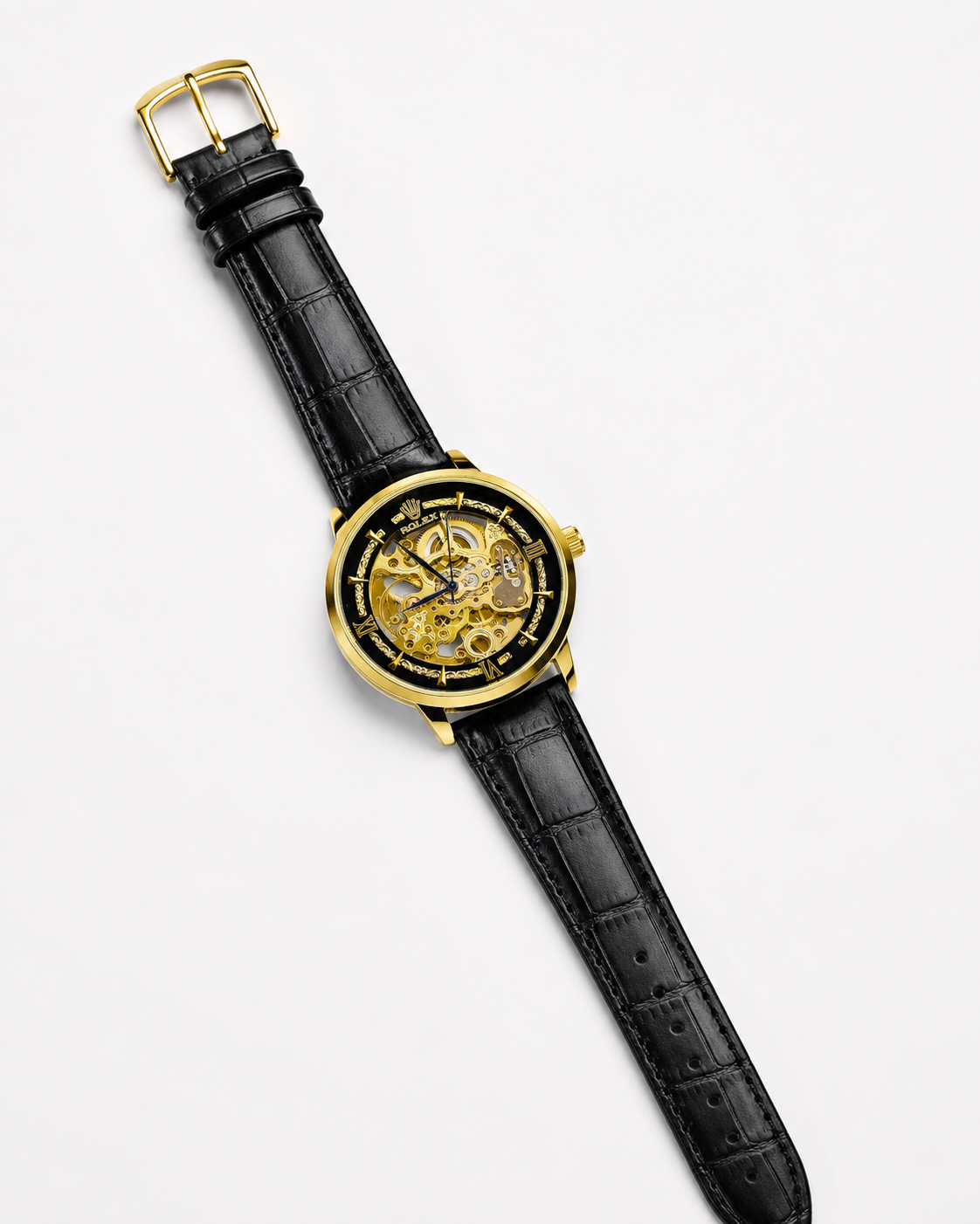 Leather Rol*x Black Gold  Black Automatic Skeleton Watch