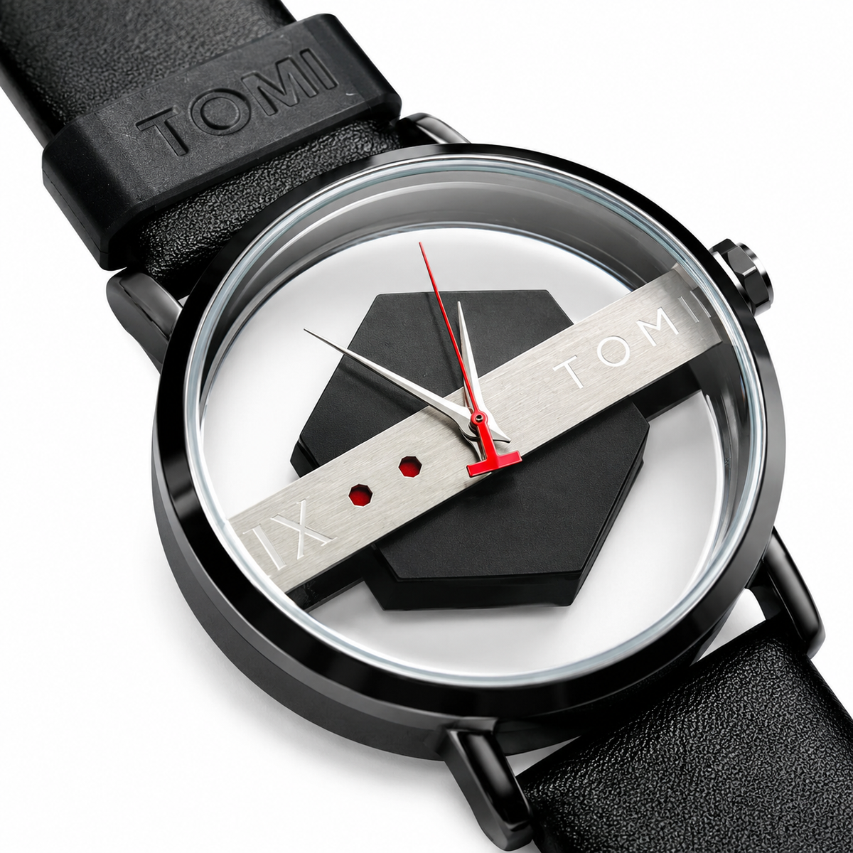 Tomi Black Silver Hexa Dial Watch