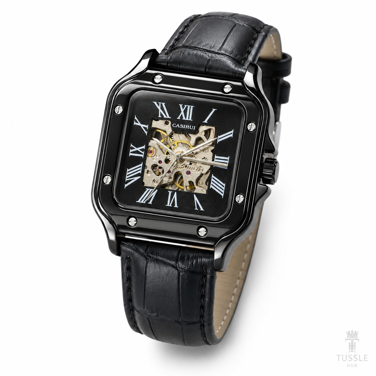 All Black Tank Automatic Skeleton Watch